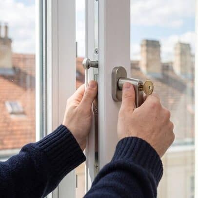 Fenstersicherung mit abschließbarem Griff und Pilzkopfzapfen